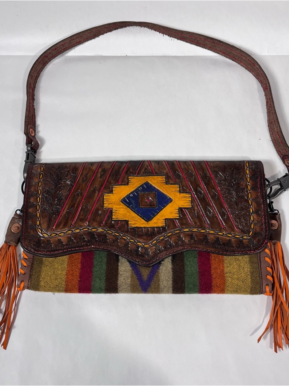 Artisan Handmade Leather Pendleton Wool Fringed Shoulder Bag Purse